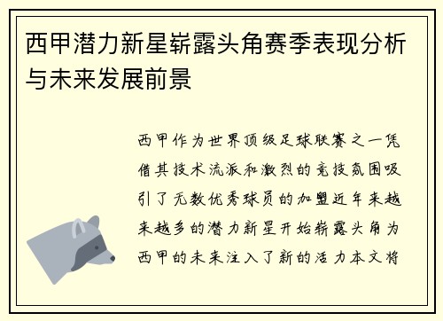 西甲潜力新星崭露头角赛季表现分析与未来发展前景